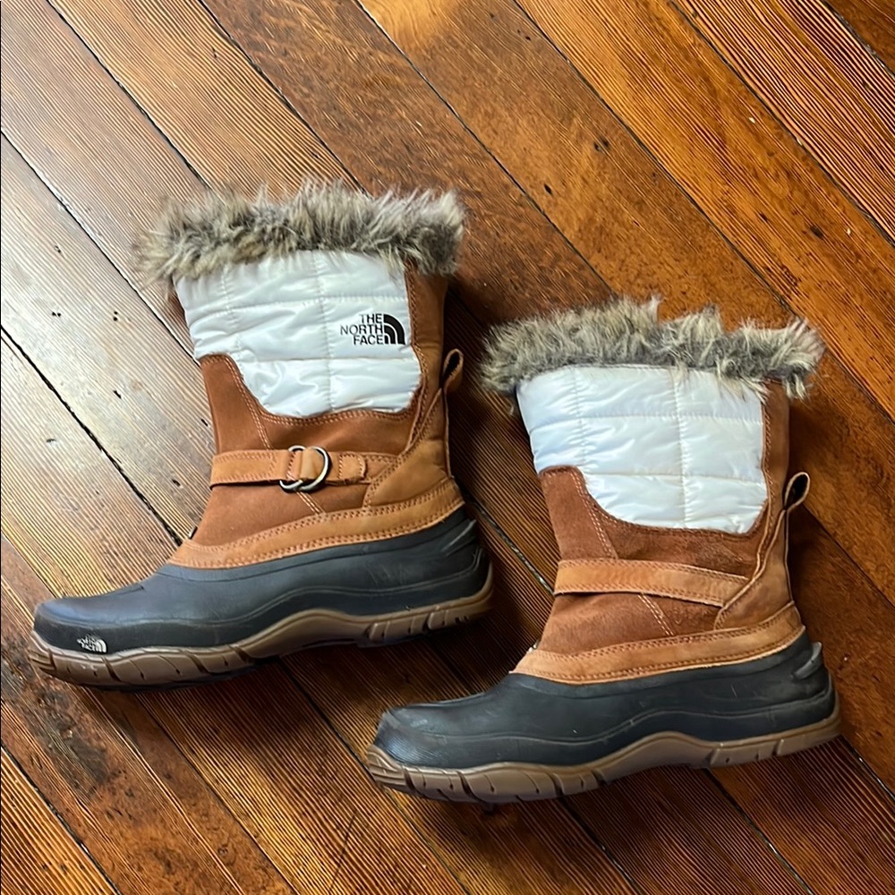 The North Face Tan and White Winter Boots